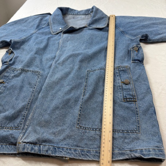 Forever 21 Premium Denim Jacket Women XL Blue Good Asymmetrical Utility Boxy - Picture 11 of 12
